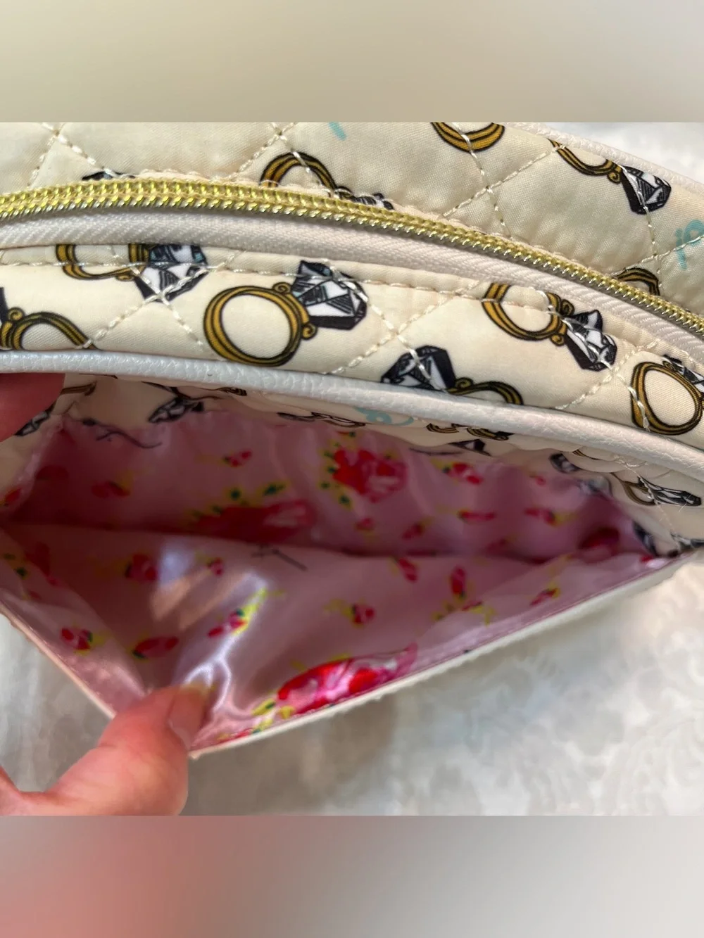 Betsey Johnson Quilted Cosmetic Pouch with Heart Charm